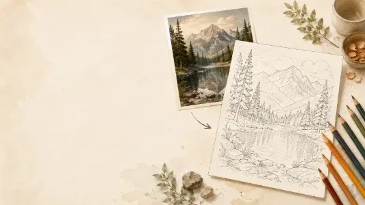 Mountain photograph beside a printable line-art coloring page
