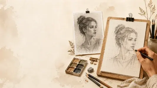 Artist comparing a portrait reference with a drawing on a clipboard