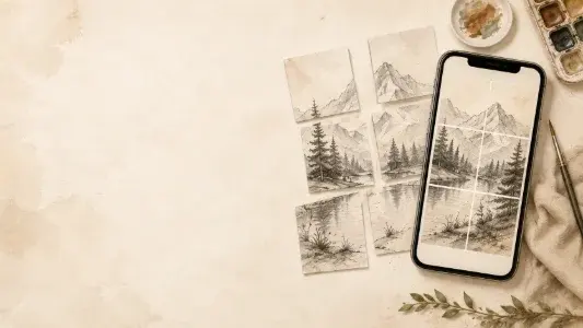 Mountain image divided across printed tiles and a phone screen