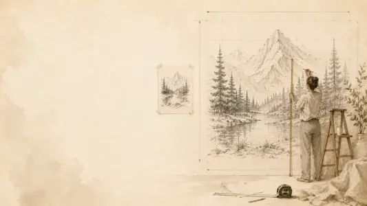 Artist scaling a mountain sketch onto a large wall grid