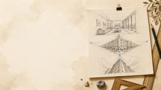One-point and two-point perspective construction drawings on paper