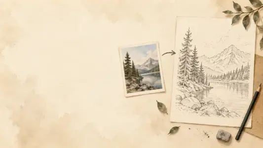 Reference photo beside a clean black and white line drawing