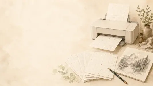 Printer producing grid paper beside a landscape drawing