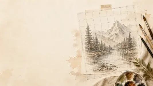 Mountain reference image covered by a square drawing grid