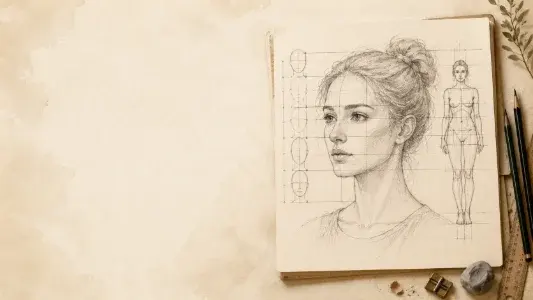 Portrait drawing with facial and figure proportion guides