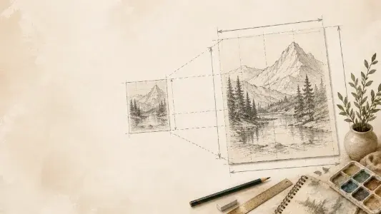 Small reference sketch scaled onto a larger gridded drawing surface